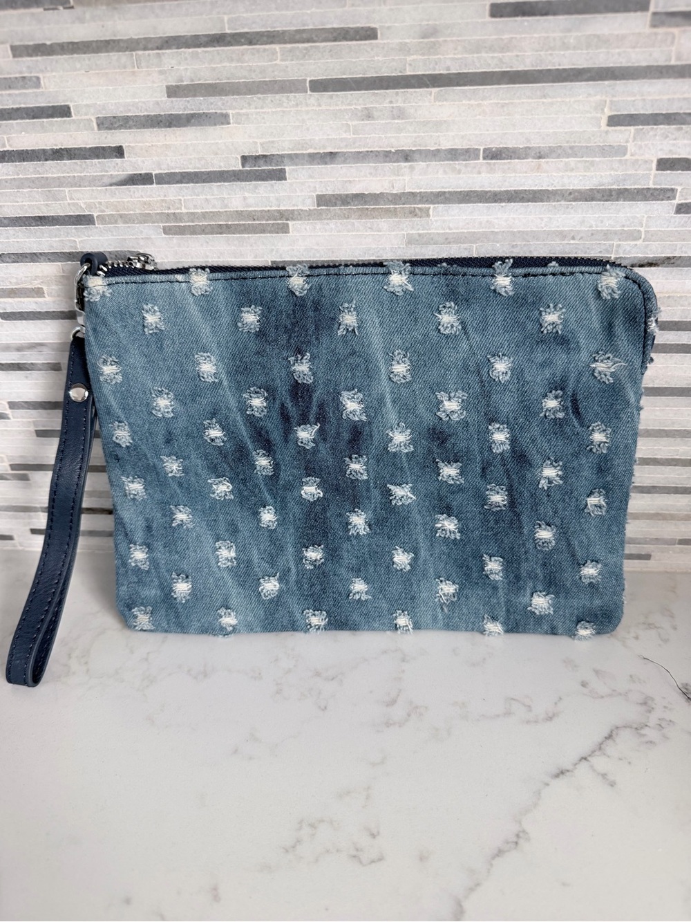 Vintage Denim Distressed Wristlet Clutch - Blue